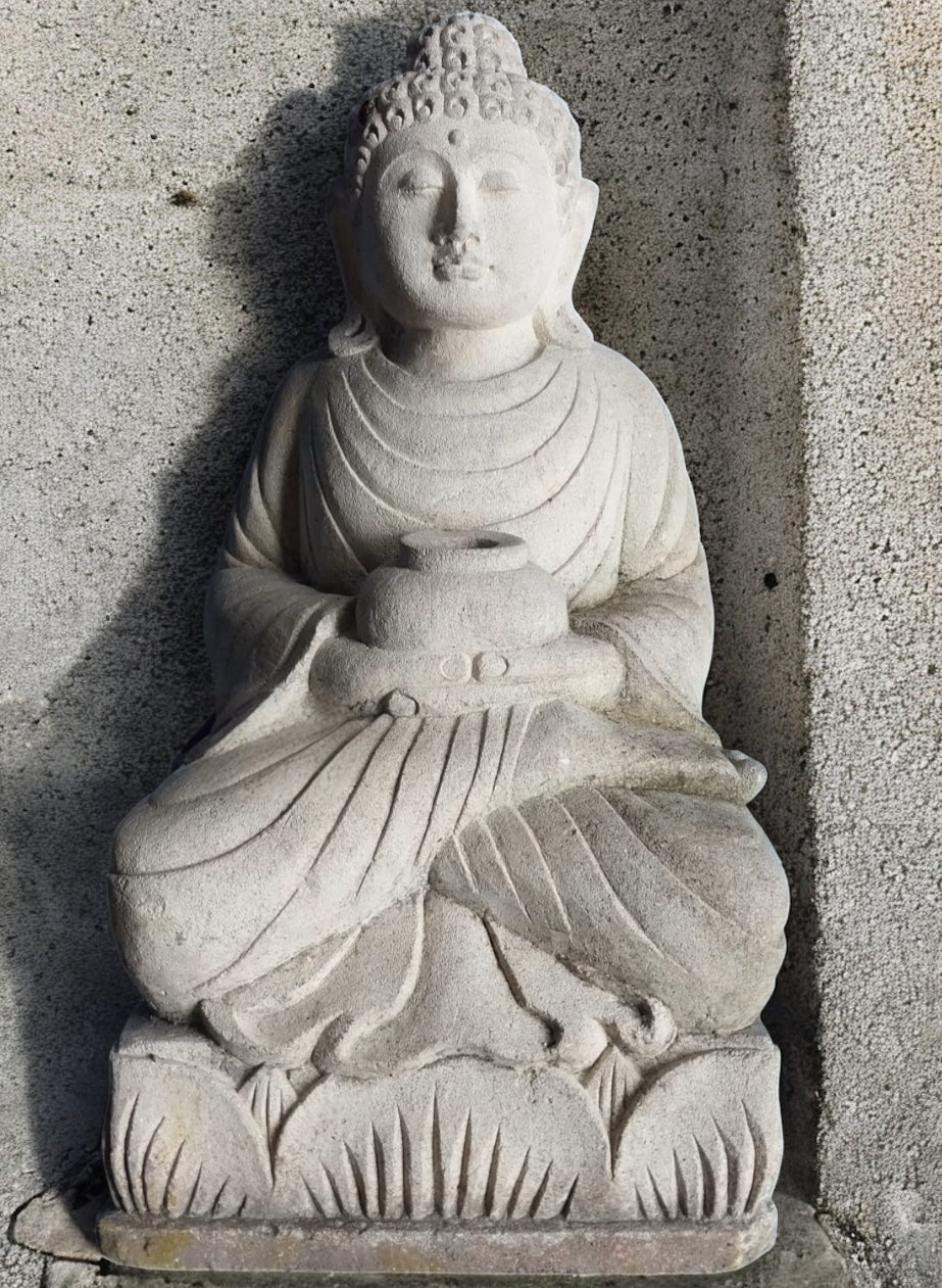 statua Buddha antico in pietra con giara h42cm B05