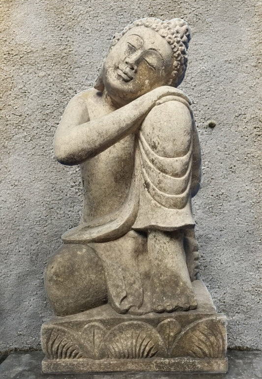 Statua Buddha Inginocchiato in Pietra arenaria bianca H45 Rif. B06