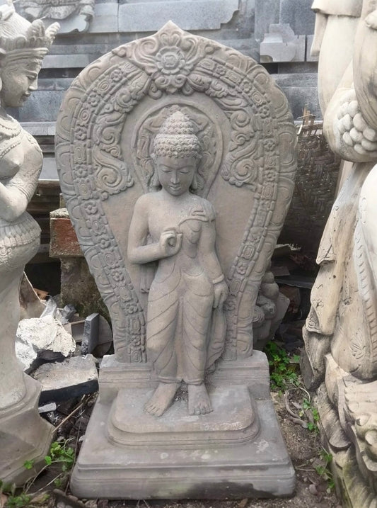 Statua di Buddha in Piedi su Altare con Bassorilievo H 105cm B33