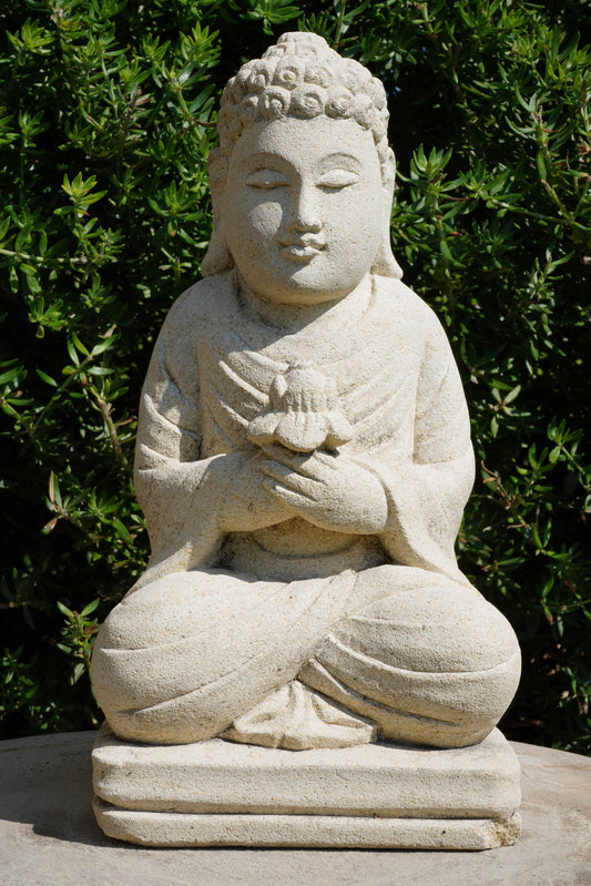 Statua Buddha in Pietra con fiore di loto H 24 cm Rif. C007