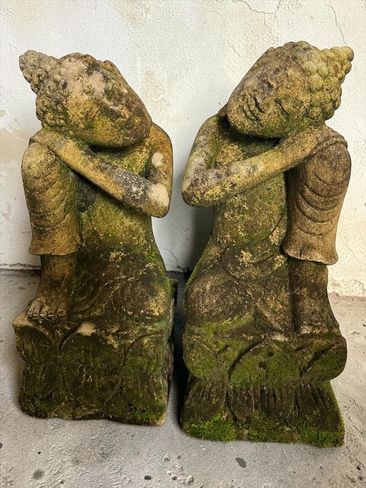 Coppia di Buddha Inginocchiati in Pietra 30 cm | Scultura Balinese Originale Rif. C052