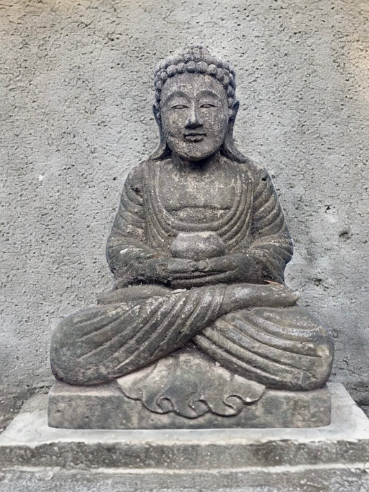 Statua Buddha in Pietra Naturale 33 cm | Scultura Balinese con Giara per Giardini Zen e Interni Spirituali Rif.B50
