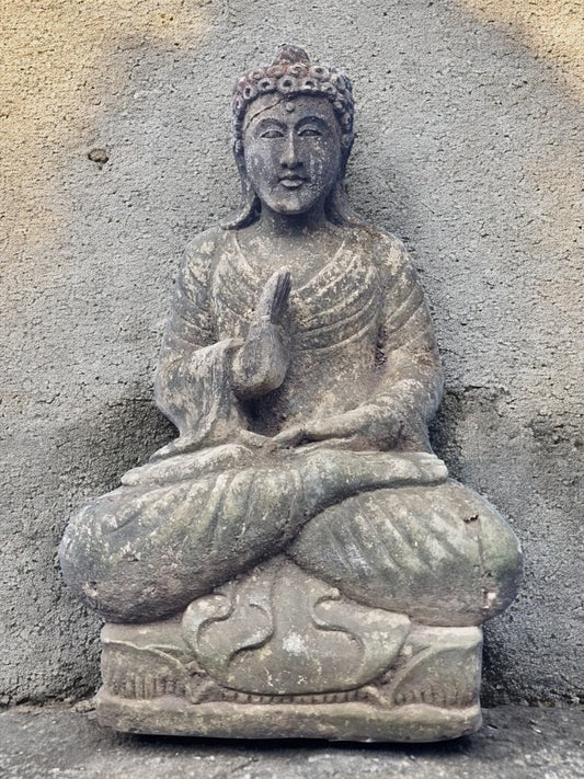 Statua Buddha Antico Seduto in Pietra 42 cm | Scultura Balinese per Meditazione e Giardino Zen rif. B52